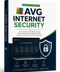 AVG Internet Security educational eBook cover with laptop, security shield, and step-by-step cybersecurity learning guide.