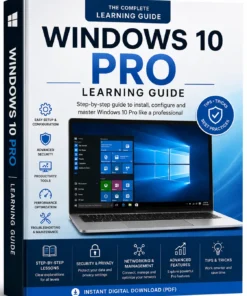 Windows 10 Pro educational eBook cover with Windows desktop interface and step-by-step learning guide for productivity and advanced features.