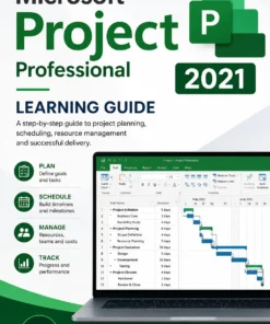 Professional eBook cover for Microsoft Project Professional 2021 featuring project management, task scheduling, Gantt charts, timelines, and productivity planning in a modern blue design.