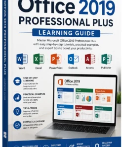 Educational eBook cover for Office 2019 Professional Plus featuring Word, Excel, PowerPoint, Outlook, Access, and Publisher with a modern blue productivity design.