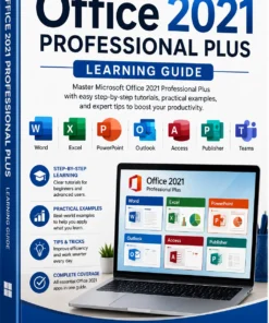 Professional educational eBook cover for Office 2021 Professional Plus featuring Word, Excel, PowerPoint, Outlook, Access, Publisher, and modern productivity concepts.