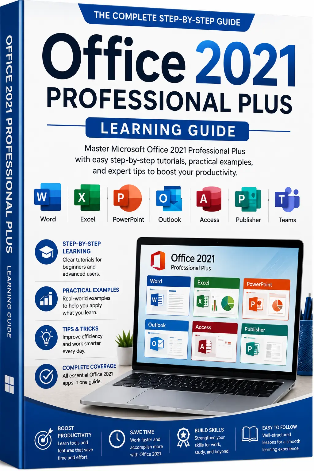 Office 2021 Professional Plus Learning Guide eBook Professional educational eBook cover for Office 2021 Professional Plus featuring Word, Excel, PowerPoint, Outlook, Access, Publisher, and modern productivity concepts.