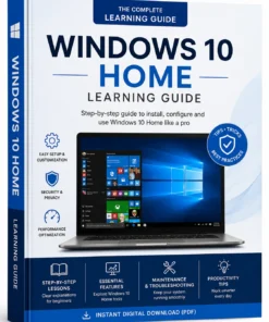 Windows 10 Home educational eBook cover with laptop, Windows desktop interface, and step-by-step learning guide for beginners.