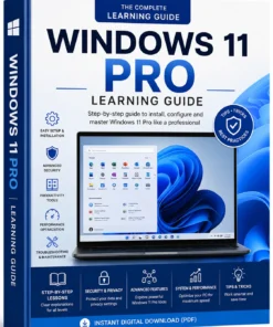 Windows 11 Pro educational eBook cover with Windows 11 desktop interface, laptop, and step-by-step learning guide for beginners and professionals.