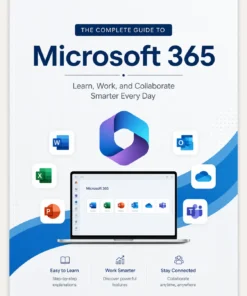 Microsoft 365 educational eBook cover with Word, Excel, PowerPoint, Outlook, OneDrive, and Teams icons.